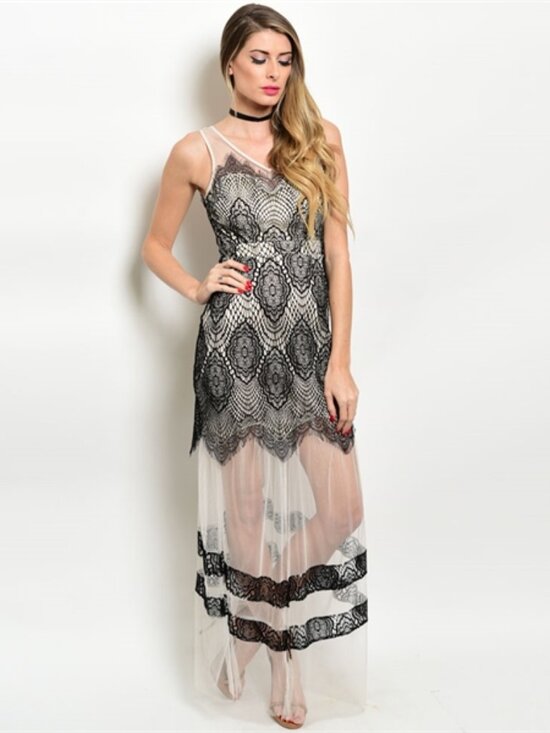 MANIJU Dresses & Skirts - Sheer Lace Maxi Dress Women Sleeveless Open Back V-Neck, Black Beige